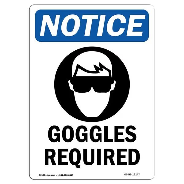OSHA Sign, Goggles Required With Symbol, 5in X 3.5in Decal, 10PK, 3.5
